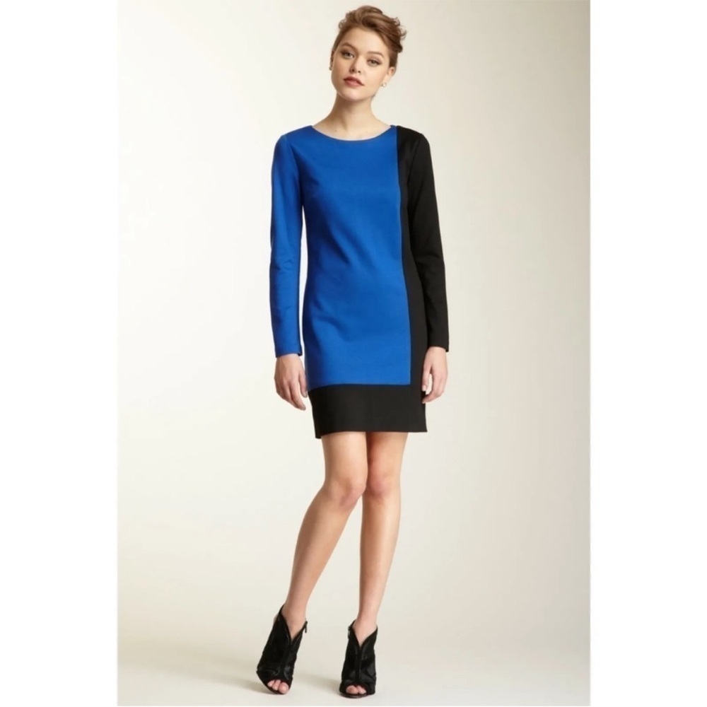Trina Turk Blue & Black Long Sleeve Color Block Shift Dress